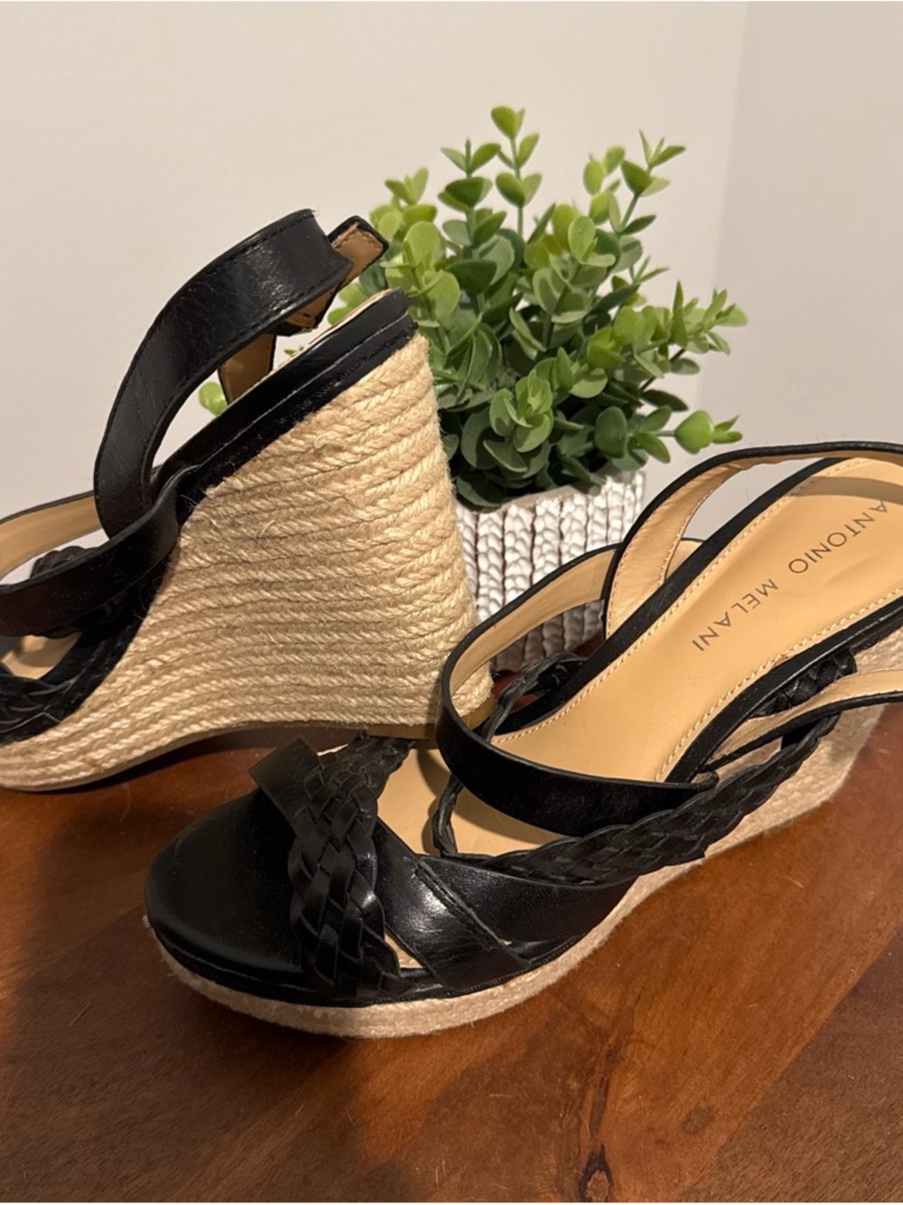 ANTONIO MELANI Black Braided Espadrille Wedge Sandals